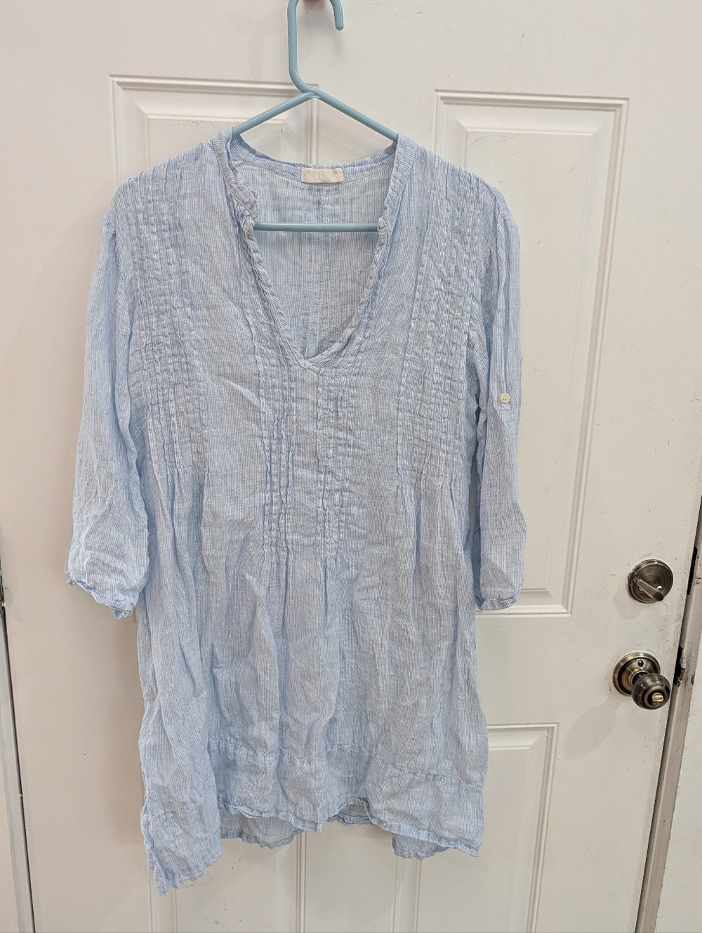 CP Shades Light Blue Linen Pintuck V-Neck Tunic Dress